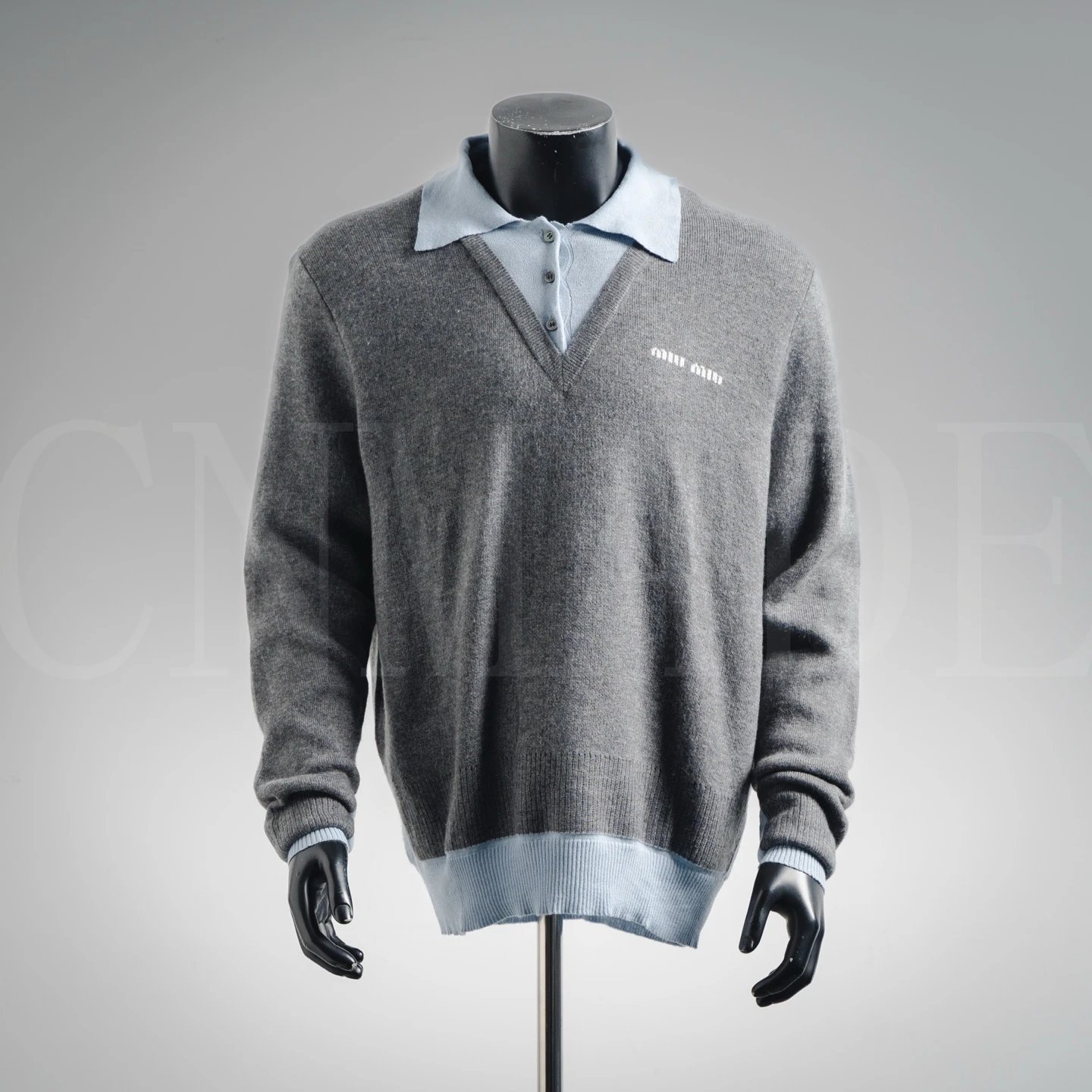 MIU2拼领假两件羊绒羊毛混纺POLO毛衣