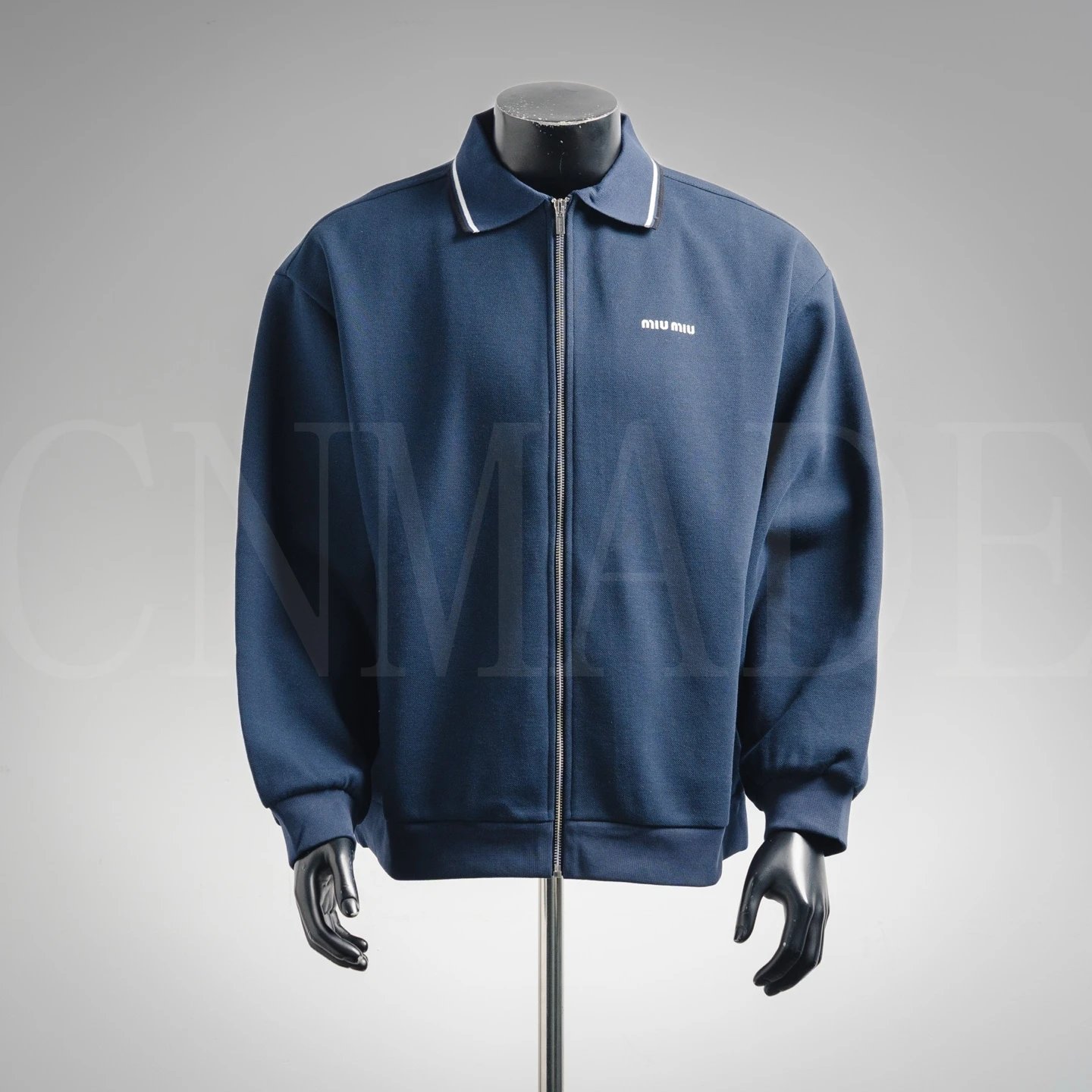 Miu2 条纹领珠地棉字母拉链夹克外套