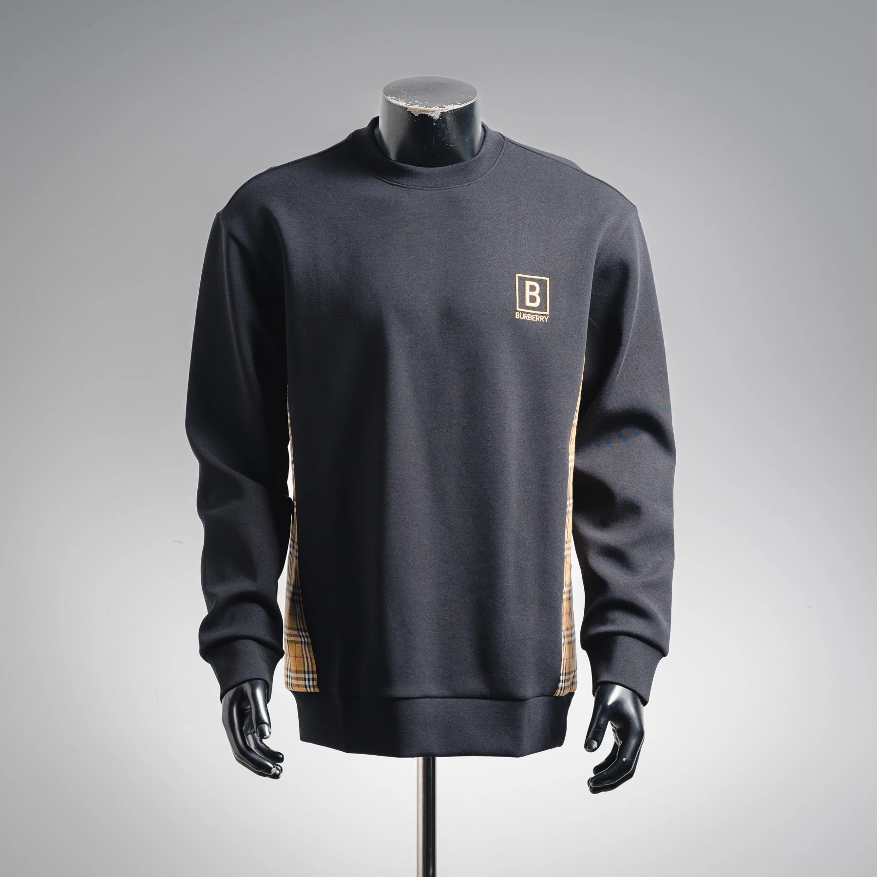 黑色-25ss 方框方块刺绣B侧边格纹圆领卫衣