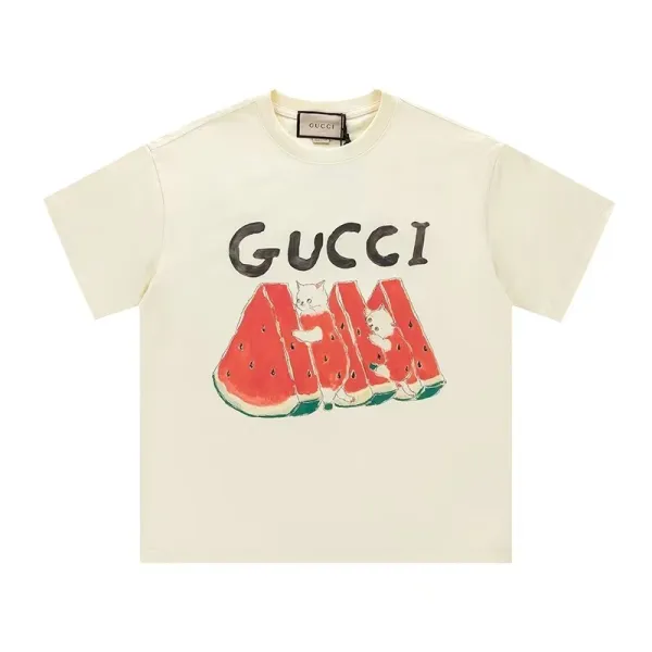 Gucci Watermelon Cat Print Cream T-Shirt - 1