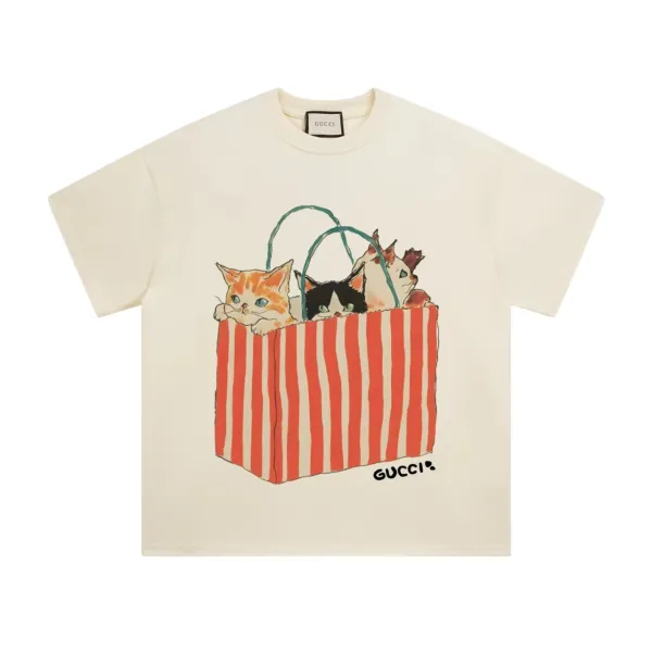 Gucci Cats in Striped Bag Cream T-Shirt - 1