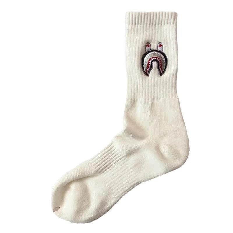 White Ribbed Socks with Shark Embroidery