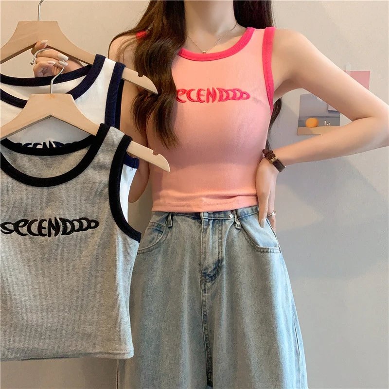 Black Crop Tank Top with White Logo and Ribbed Trim Streetwear