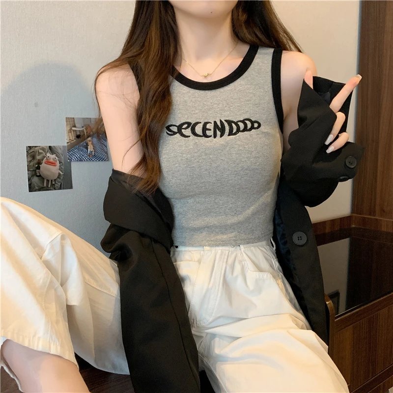 Black Crop Tank Top with White Logo and Ribbed Trim Streetwear