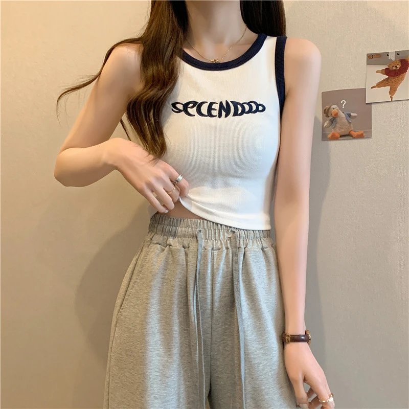 Black Crop Tank Top with White Logo and Ribbed Trim Streetwear
