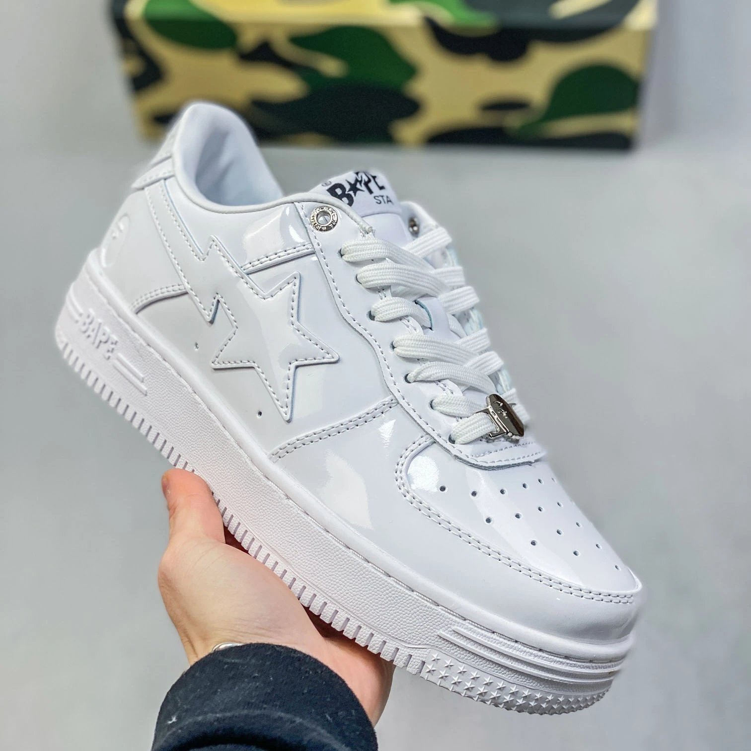 A Bathing Ape Sta White Navy Patent Leather Sneakers