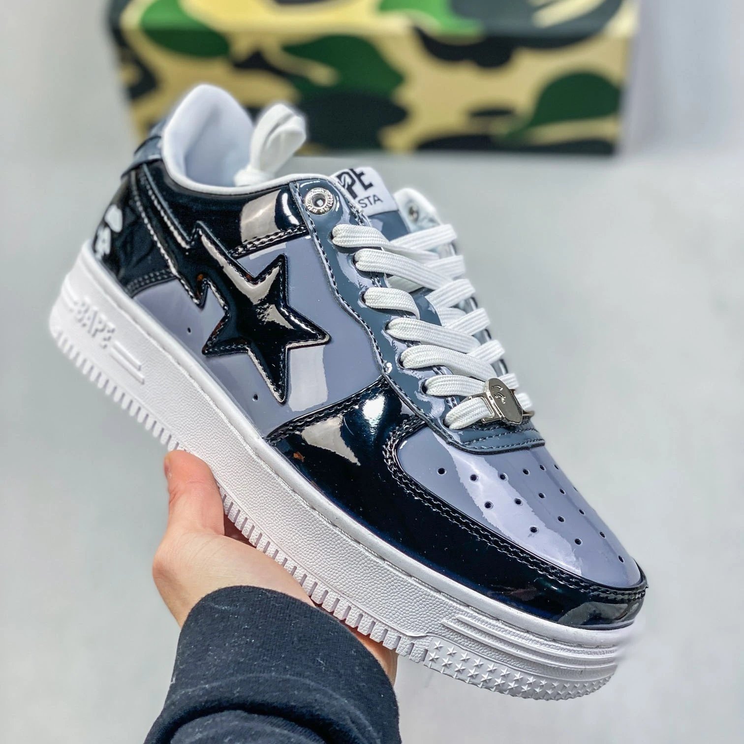 A Bathing Ape Sta White Navy Patent Leather Sneakers