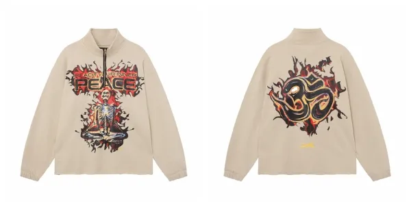Design Half-Zip Graphic Pullover Beige Streetwear Top Hoodie - 1