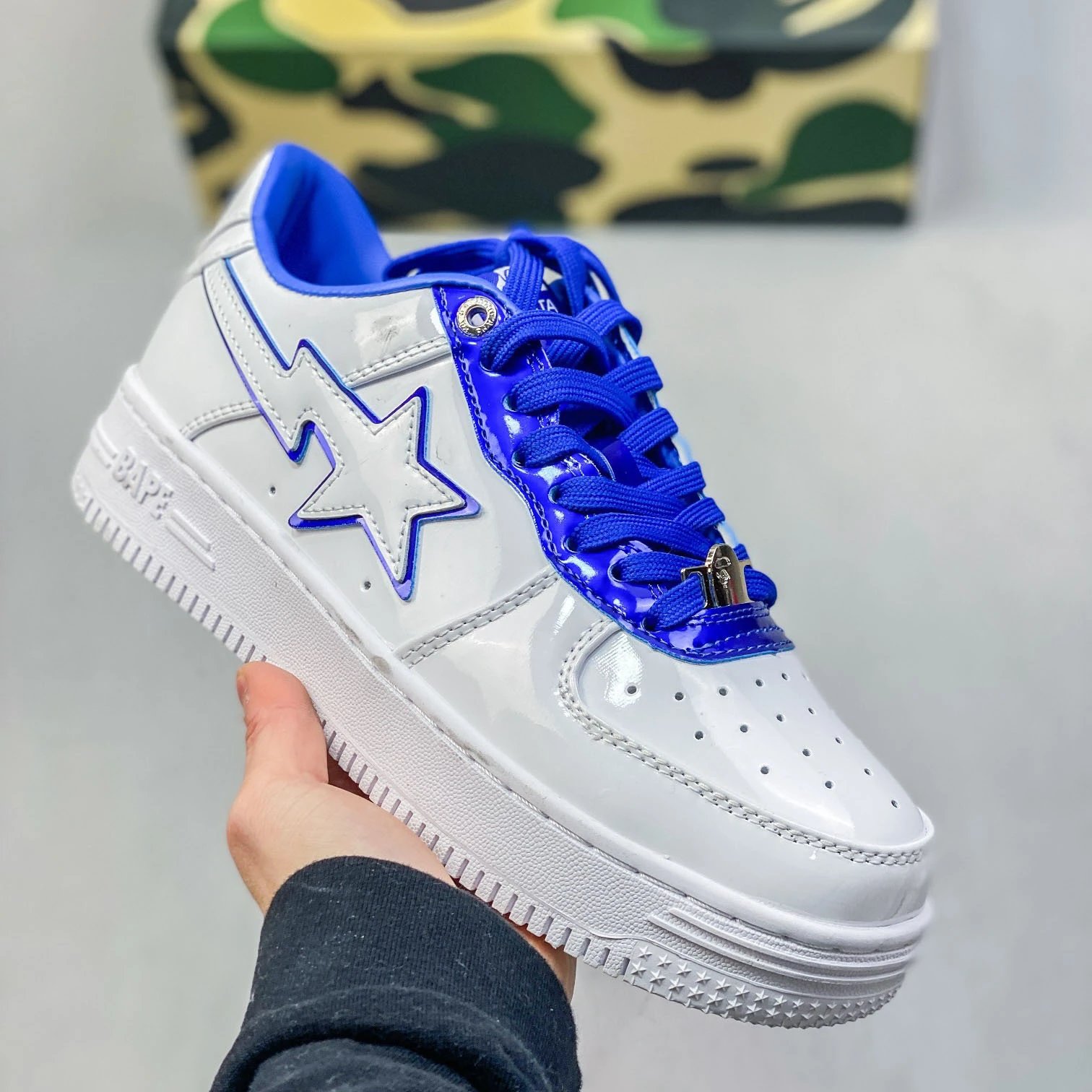 A Bathing Ape Sta White Navy Patent Leather Sneakers