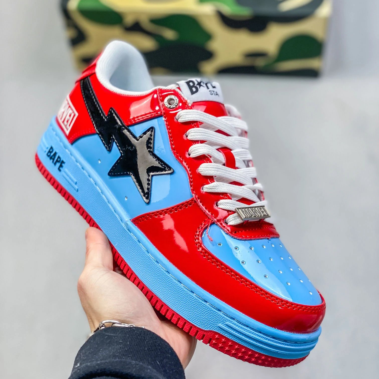 A Bathing Ape Sta White Navy Patent Leather Sneakers