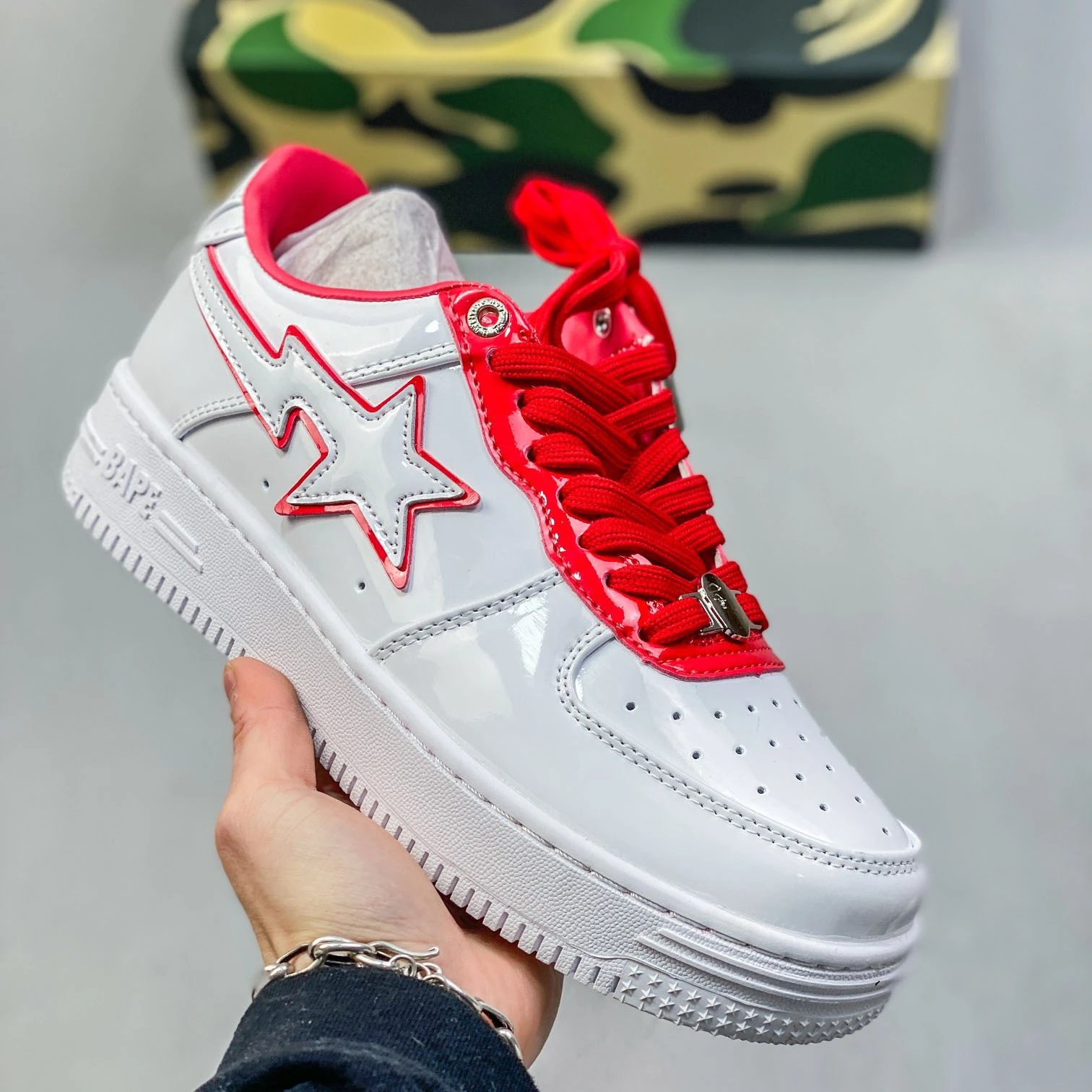A Bathing Ape Sta White Navy Patent Leather Sneakers