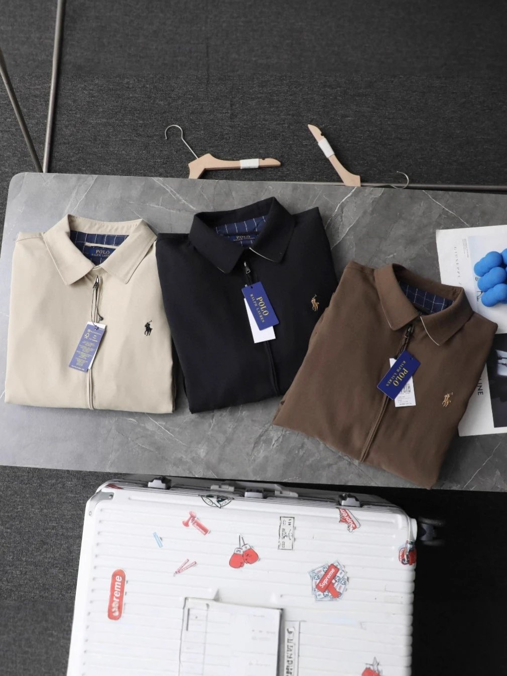Polo Ralph Lauren Beige Black Brown Classic Zip-Up Polo Shirt