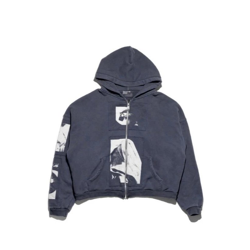 Graphic Print Cropped Hoodie Blue Gray Black Streetwear