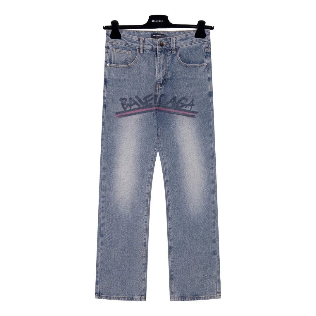 Balenciaga Logo Print Denim Jeans Black White Light Blue Streetwear