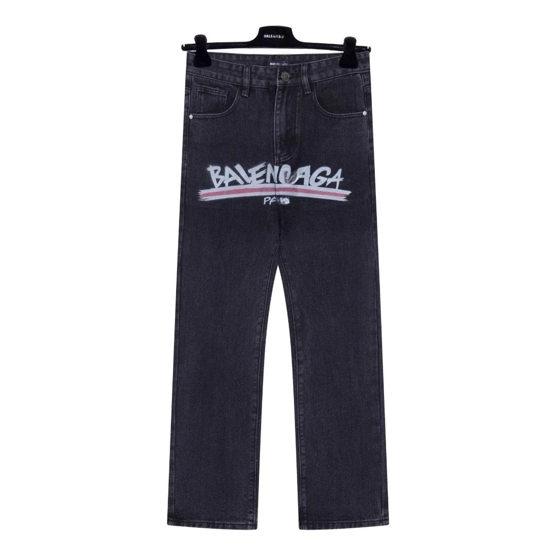 Balenciaga Logo Print Denim Jeans Black White Light Blue Streetwear