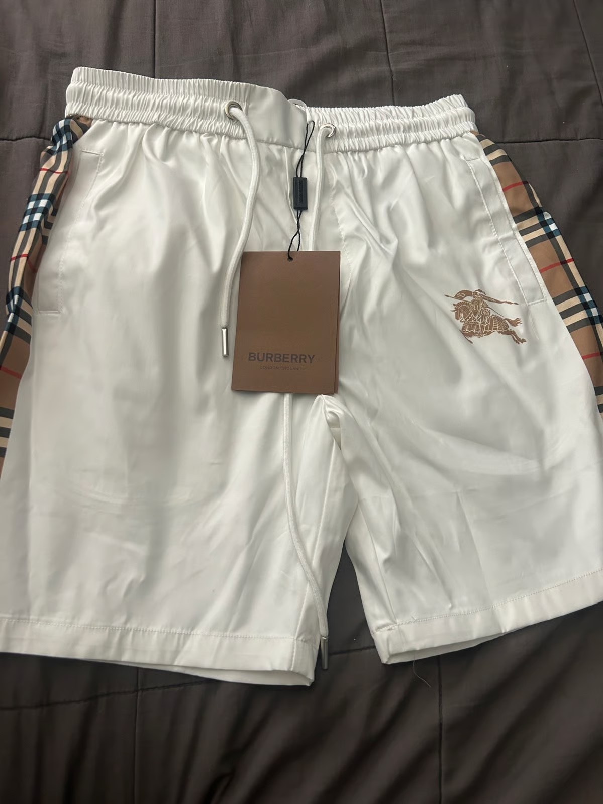 Burberry Check Print Black and Beige Plaid Swim Trunks