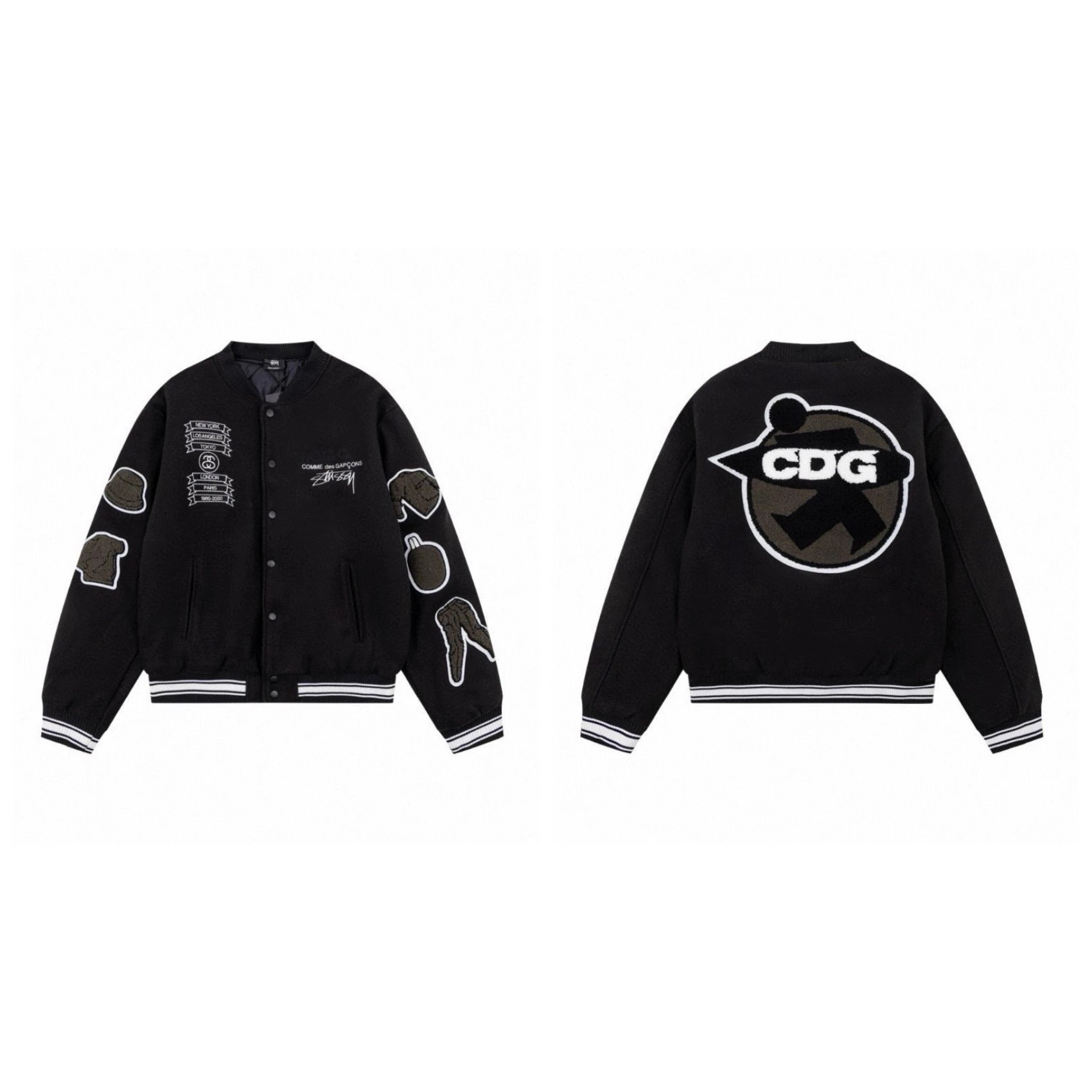 Stussy Varsity Jacket Black White Patchwork Design
