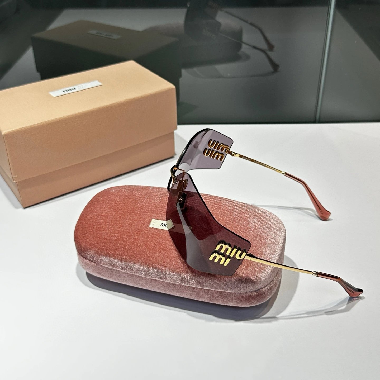 Miu Miu Square Gradient Purple Gold Rimless Sunglasses