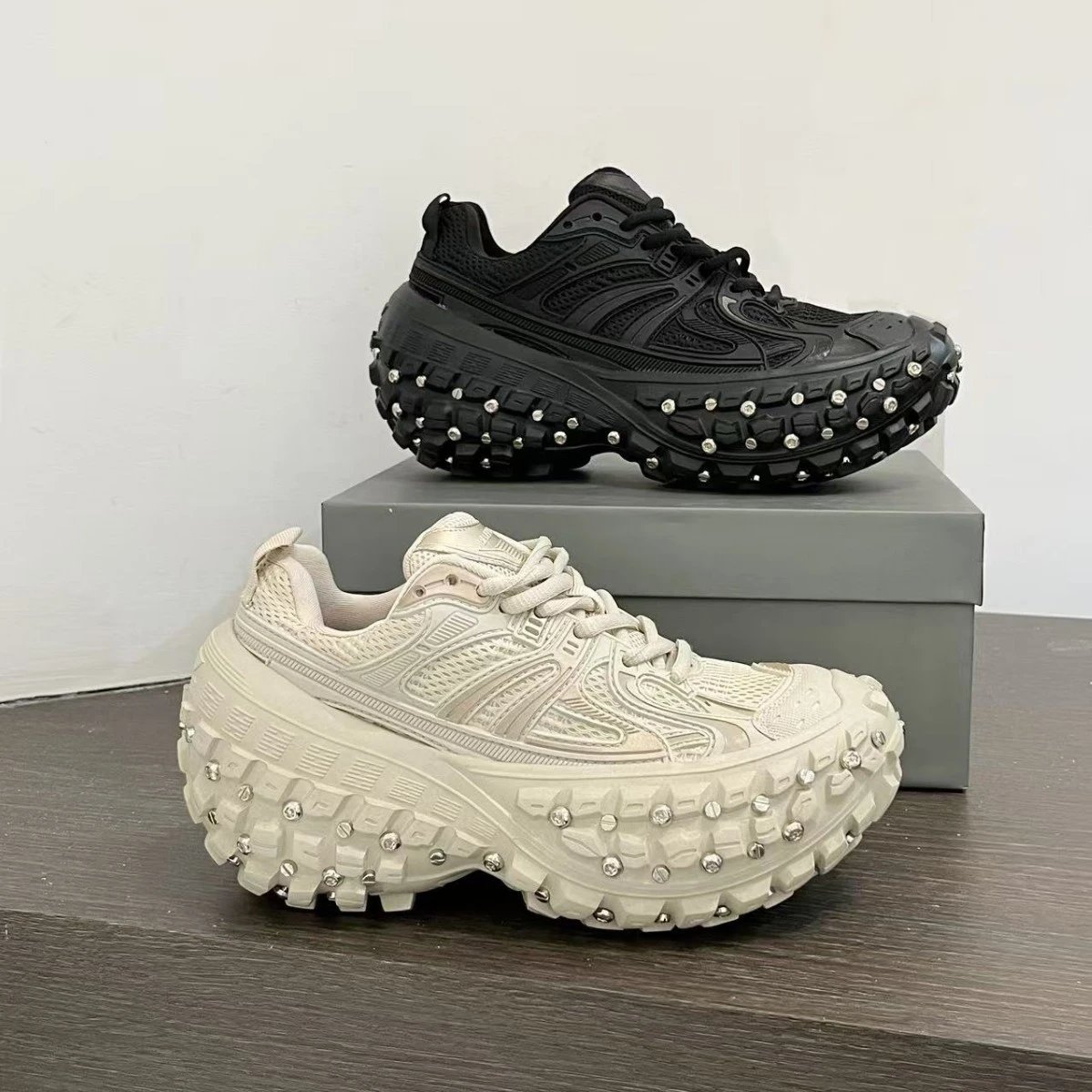 Studded Platform Sneakers White And Black Chunky Sport Style