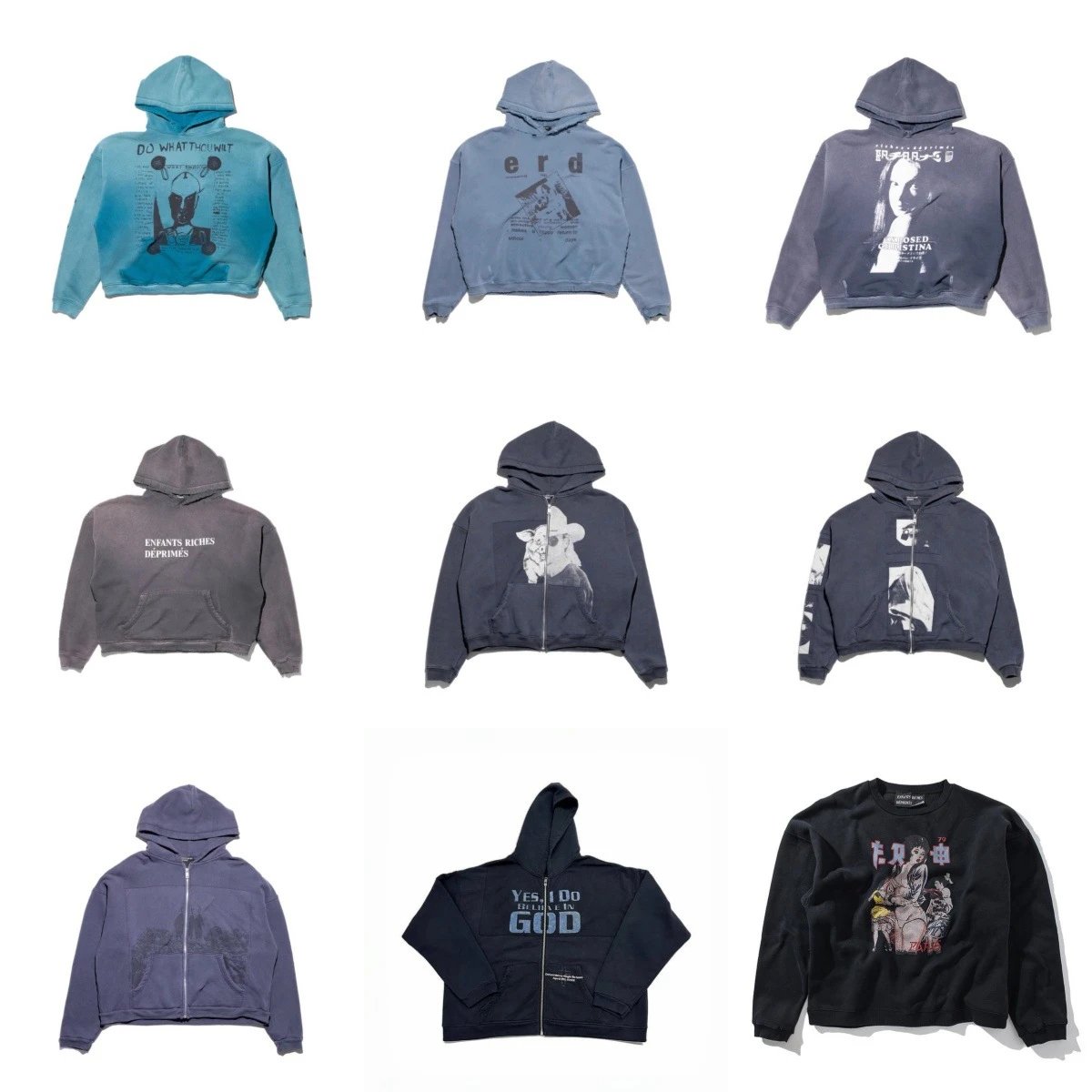 Graphic Print Cropped Hoodie Blue Gray Black Streetwear