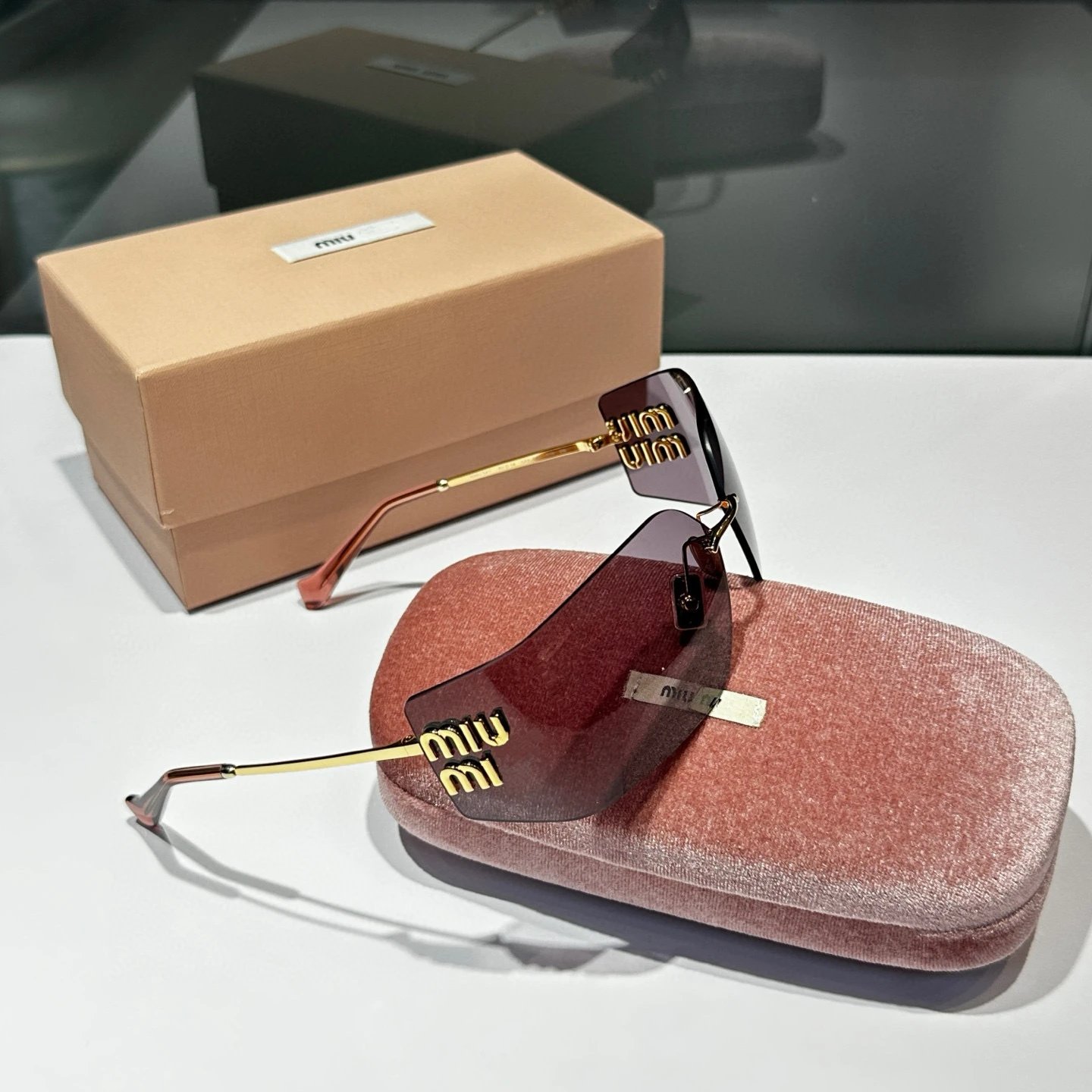 Miu Miu Square Gradient Purple Gold Rimless Sunglasses