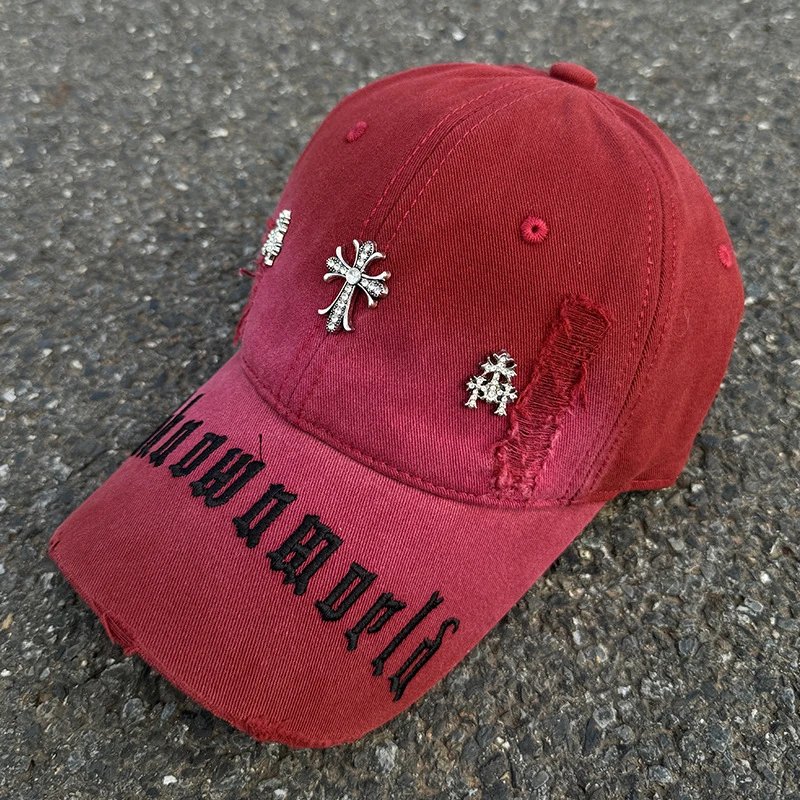 Unknownworld Embroidered Cross Distressed Baseball Cap Red White Black Charcoal Beige
