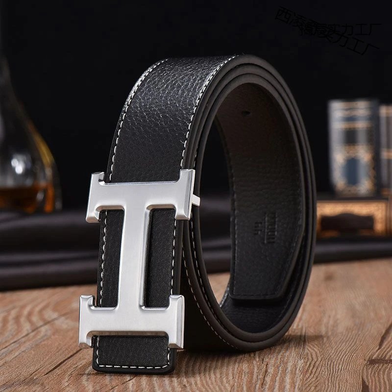 Black Leather Belt with Gold Tone H Buckle Classic Style