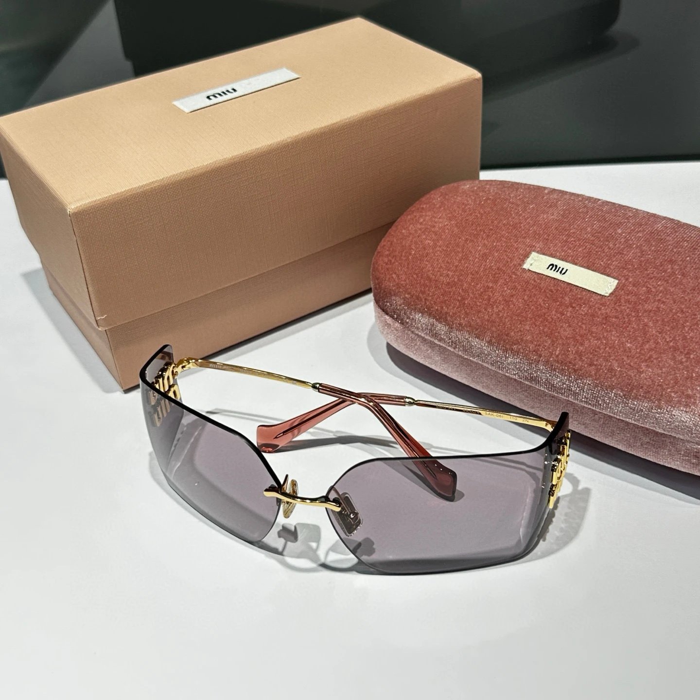 Miu Miu Square Gradient Purple Gold Rimless Sunglasses
