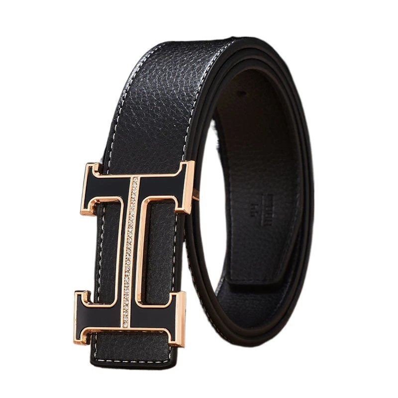 Black Leather Belt with Gold Tone H Buckle Classic Style