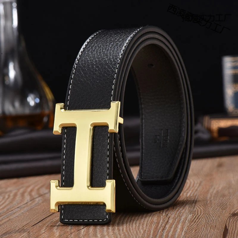 Black Leather Belt with Gold Tone H Buckle Classic Style