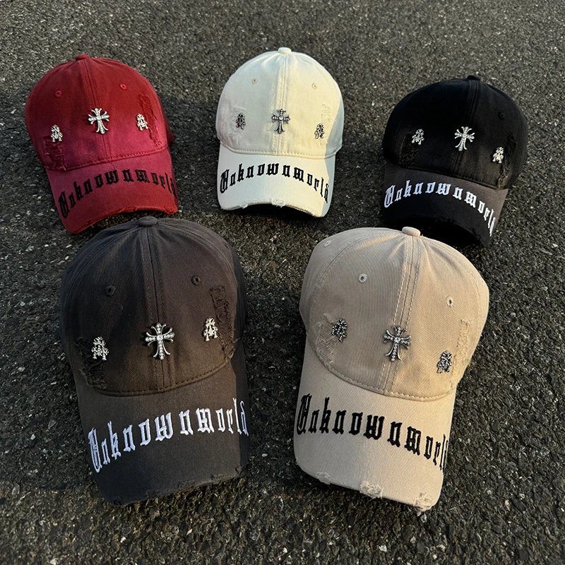 Unknownworld Embroidered Cross Distressed Baseball Cap Red White Black Charcoal Beige