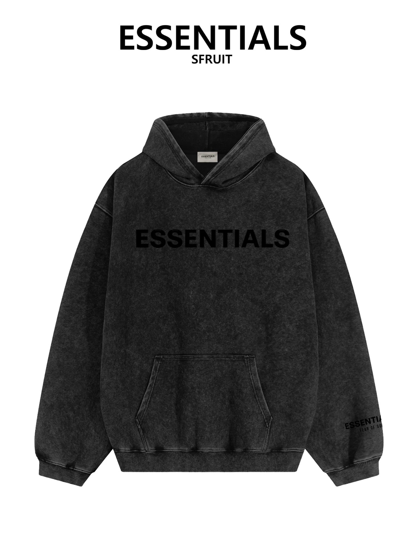 Essentials SFRUIT Black Acid Wash Hoodie