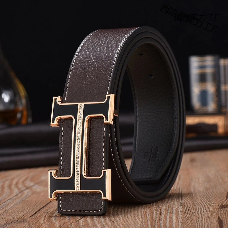 Black Leather Belt with Gold Tone H Buckle Classic Style