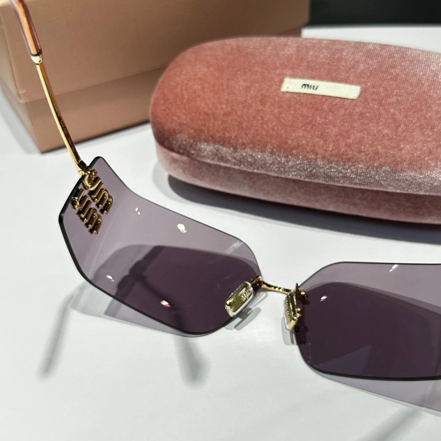 Miu Miu Square Gradient Purple Gold Rimless Sunglasses