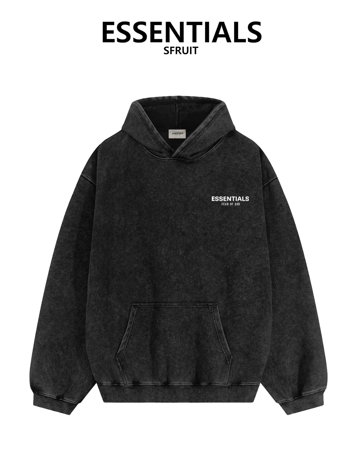 Essentials SFRUIT Black Acid Wash Hoodie