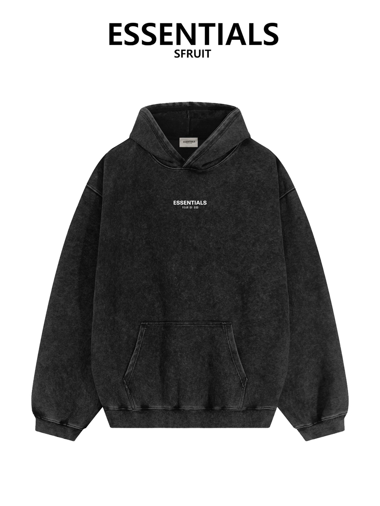 Essentials SFRUIT Black Acid Wash Hoodie