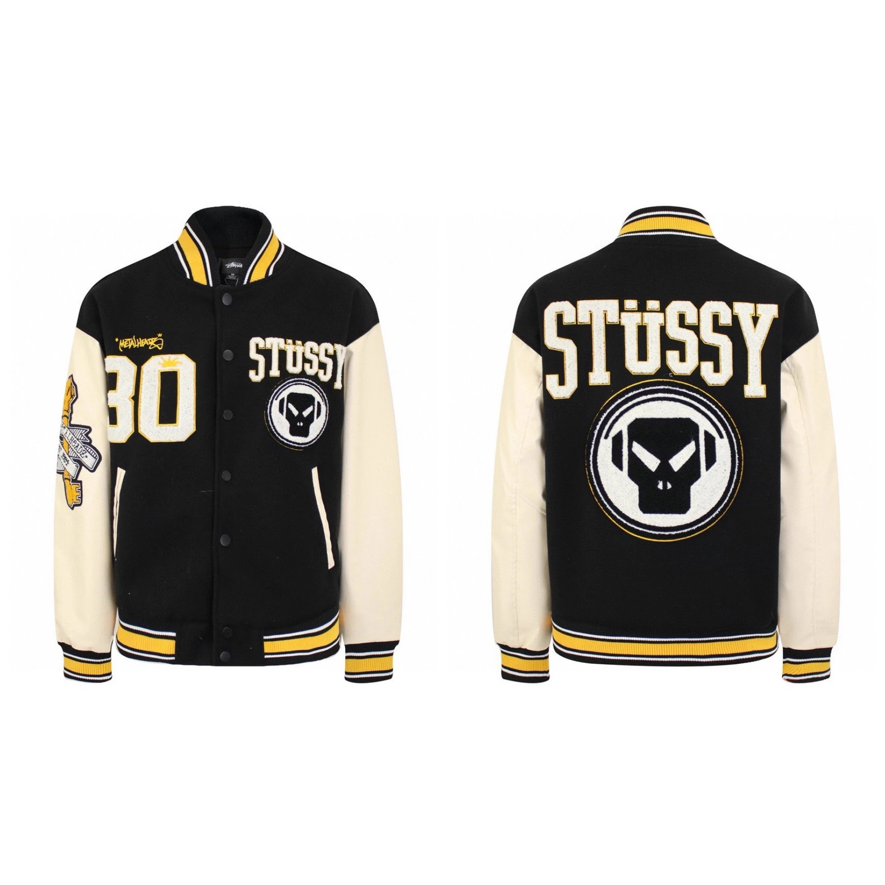 Stussy Varsity Jacket Black White Patchwork Design