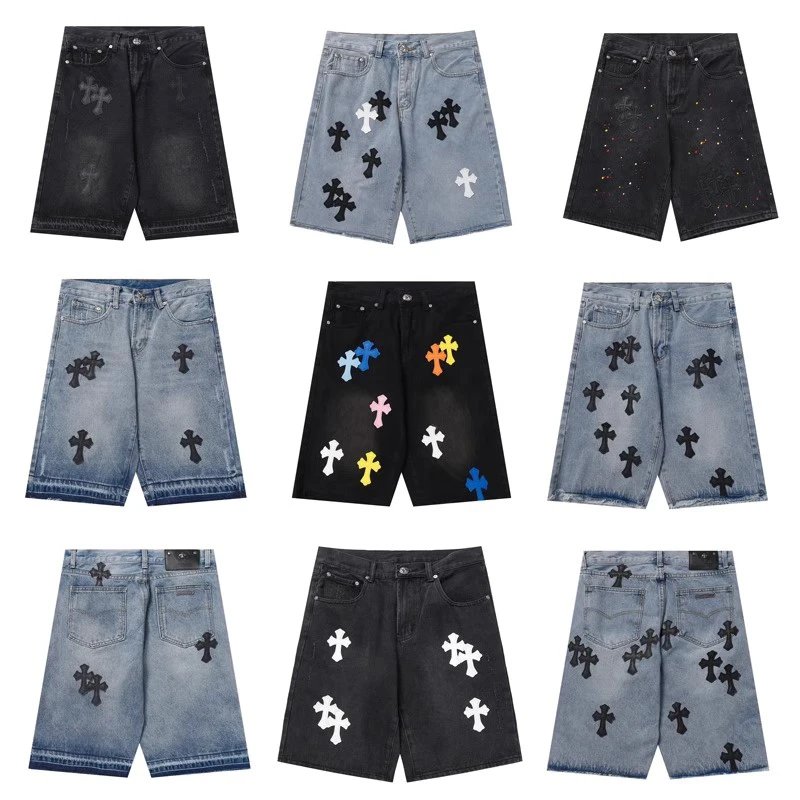Cross Embroidered Denim Shorts