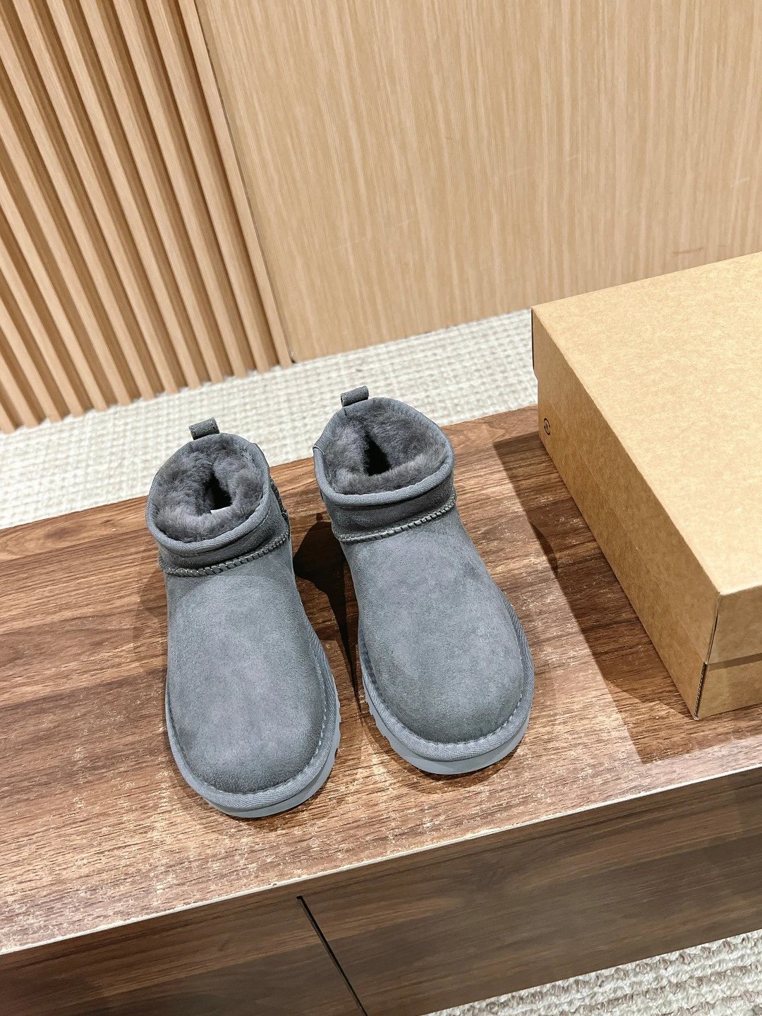 ​UGG Mini Boots: Brown Suede & Shearling, Thin Sole​ - Gallery Image 2 - Detailed View