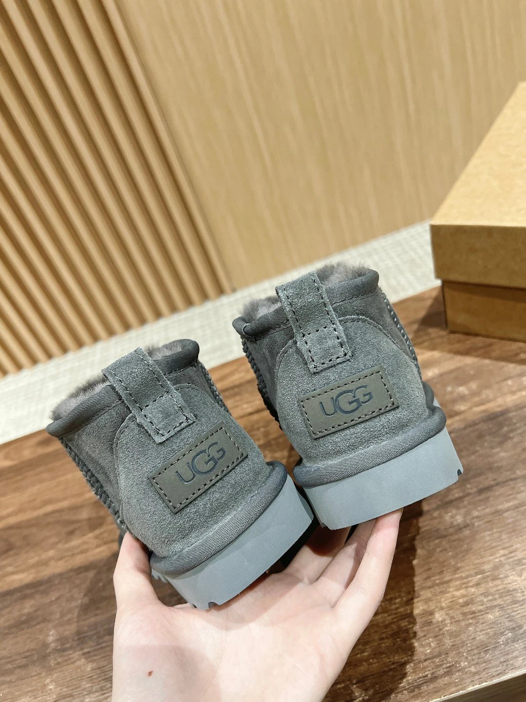 ​UGG Mini Boots: Brown Suede & Shearling, Thin Sole​ - Gallery Image 9 - Detailed View