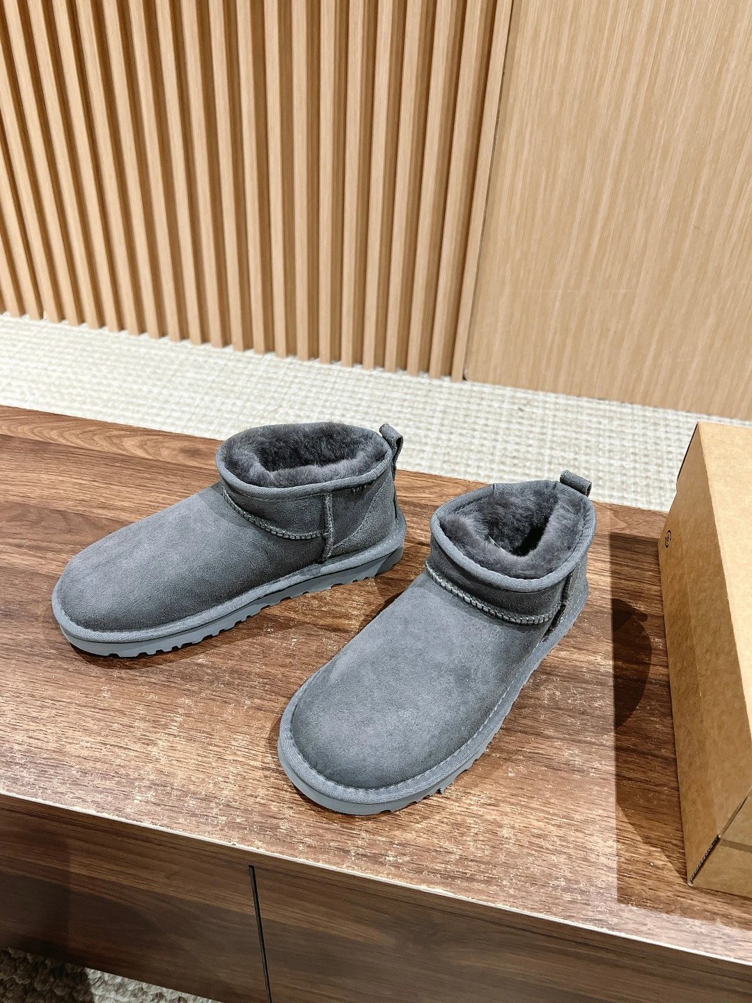 ​UGG Mini Boots: Brown Suede & Shearling, Thin Sole​ - Gallery Image 3 - Detailed View