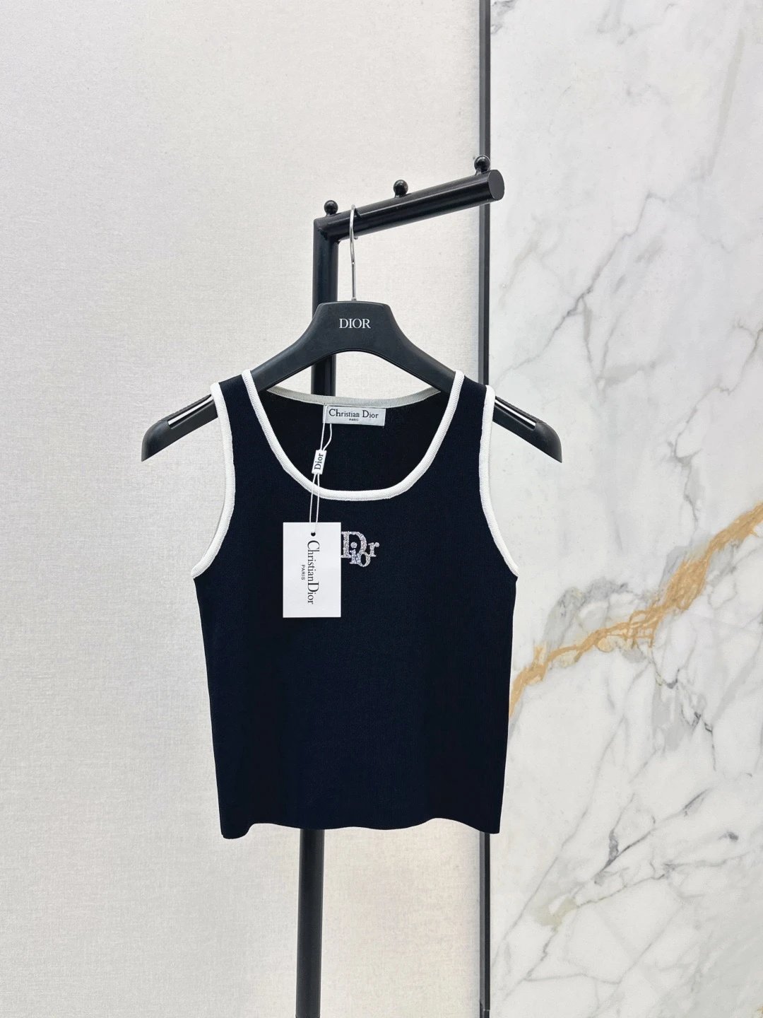 Celine Knit Crop Top Navy White Ruffled Trim