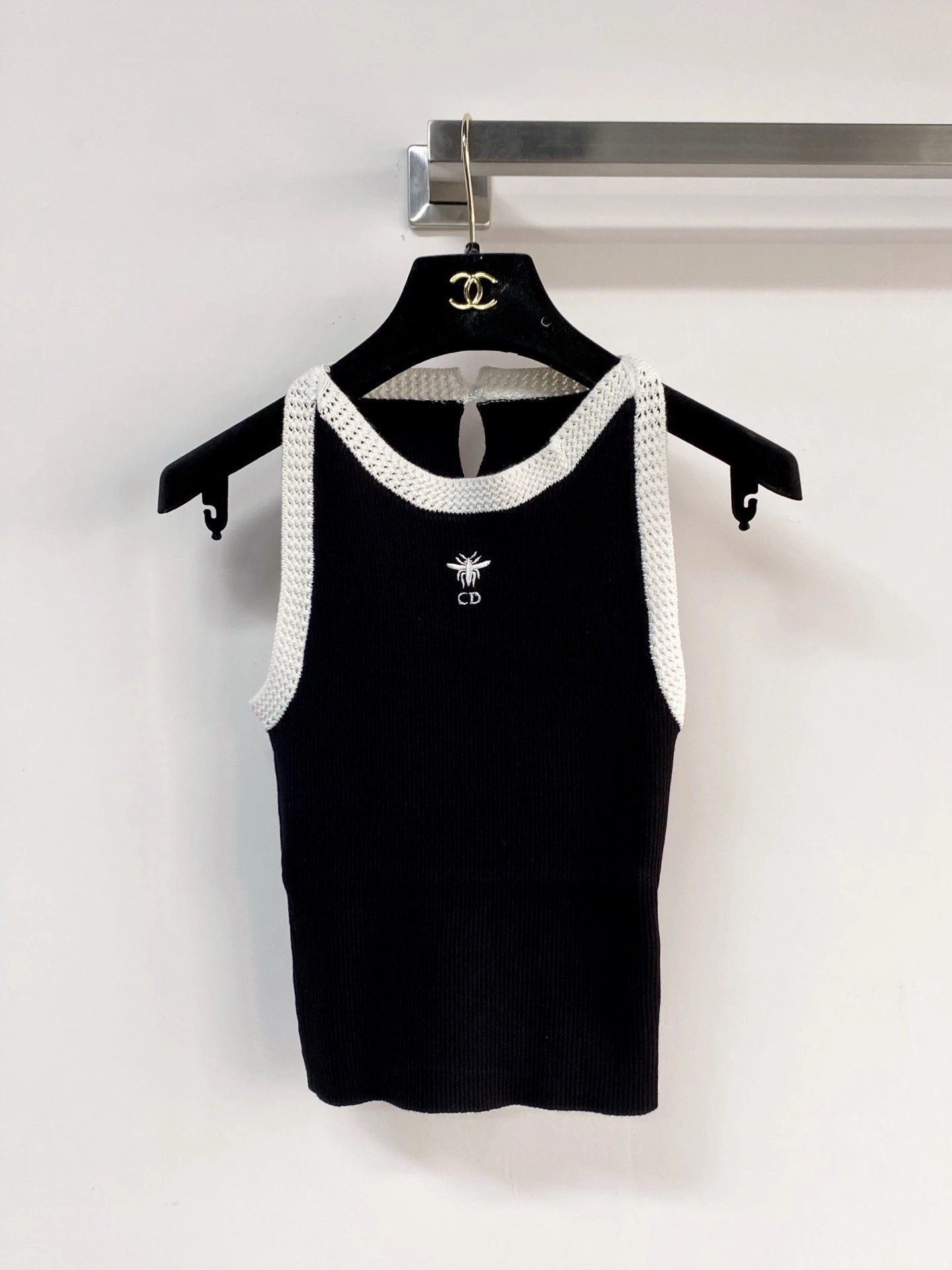 Celine Knit Crop Top Navy White Ruffled Trim
