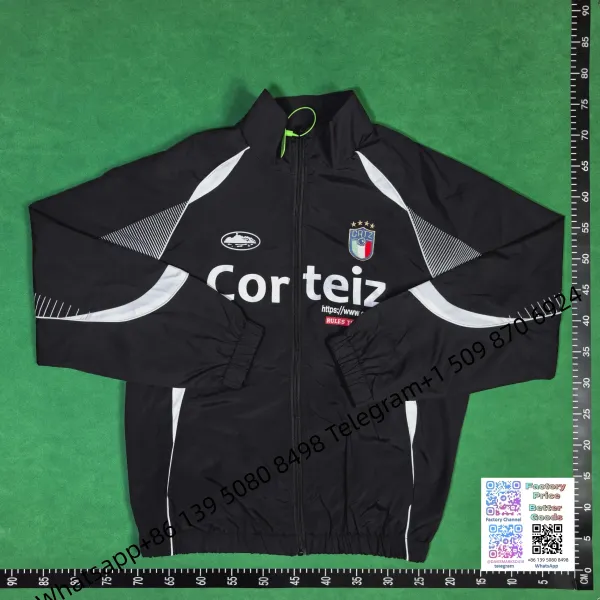 Corteiz Windbreaker Black with White Striped Panels Jacket - 22