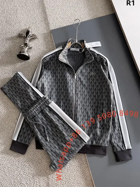 Lacoste Tracksuit Set Gray Diamond Pattern Windbreaker and Sweatpants - 1