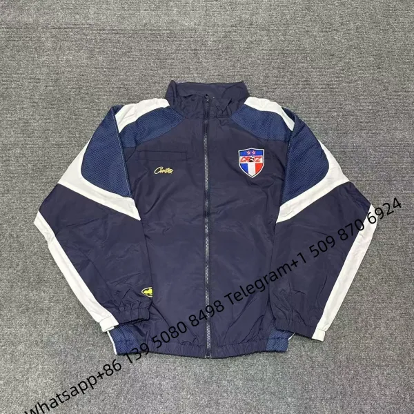Corteiz Shield Windbreaker Navy Blue White Mesh Panel Jacket - 1
