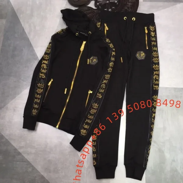 Philipp Plein Black Gold-Trim Hoodie and Sweatpants Set Tracksuit - 1
