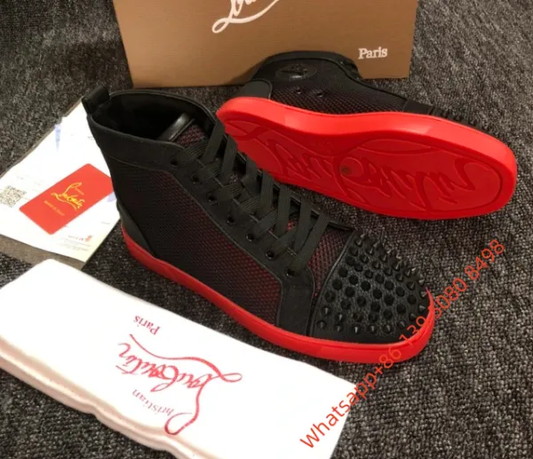 Christian Louboutin Louis Junior Spikes Black and Red Mesh High-Top Sneakers - 1