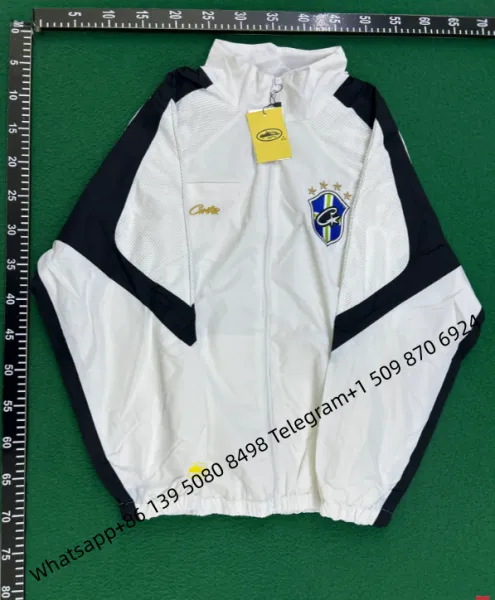 Corteiz Windbreaker Black with White Striped Panels Jacket - 10