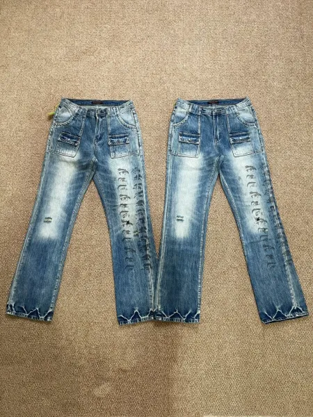 Design Distressed Denim Jeans with Vertical Script Print and Frayed Hem - 1